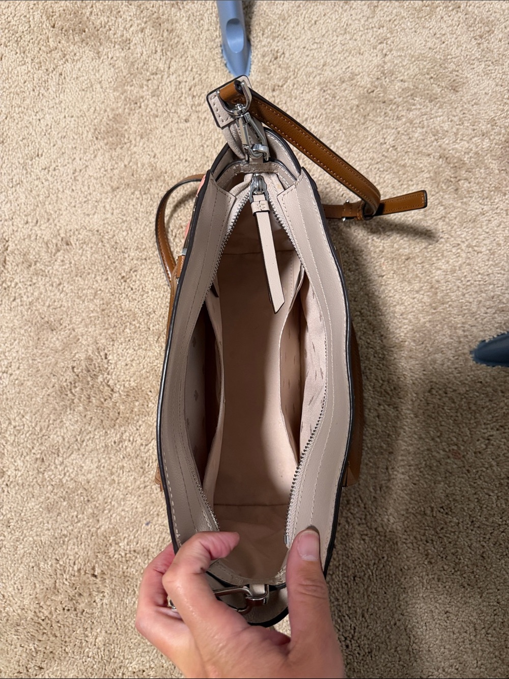 Kate Spade Cream, Peach & Brown Leather Satchel with crossbody strap - Picture 8 of 16
